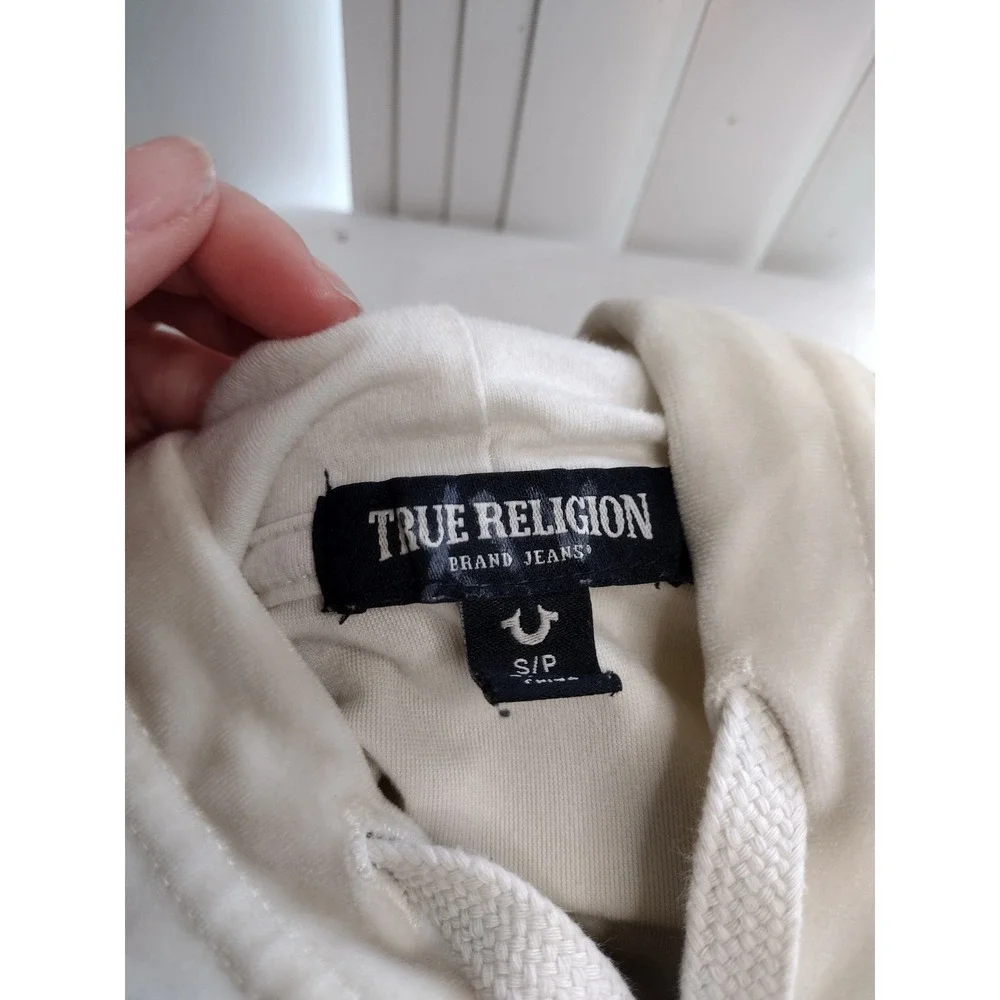 True Religion World Tour Velour Zip Up Hoodie Cream Buddha‎ Logo Small